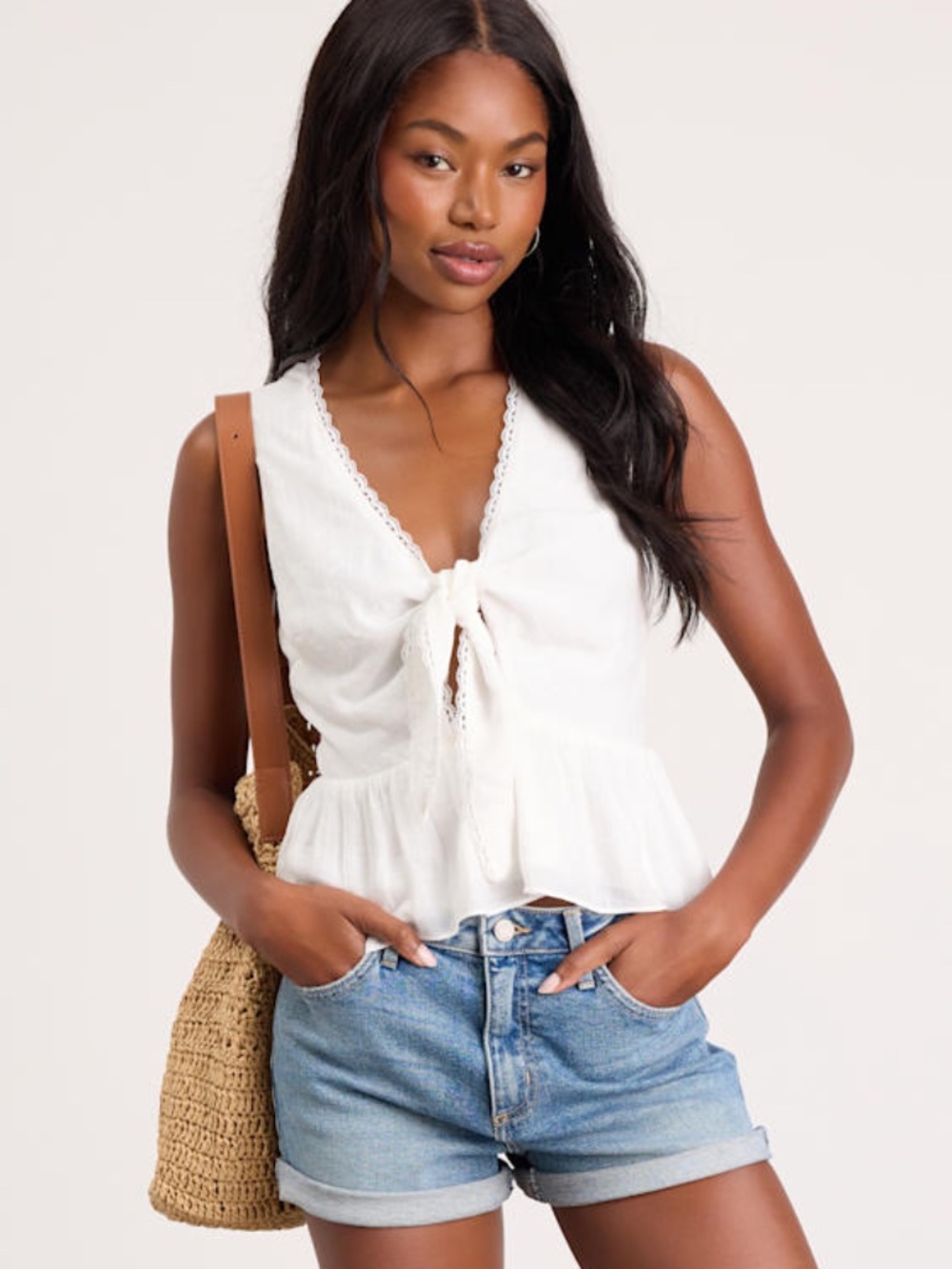 Lulus Admirable Cutie White Tie-front Ruffled Sleeveless Top - Size M - Picture 1 of 1